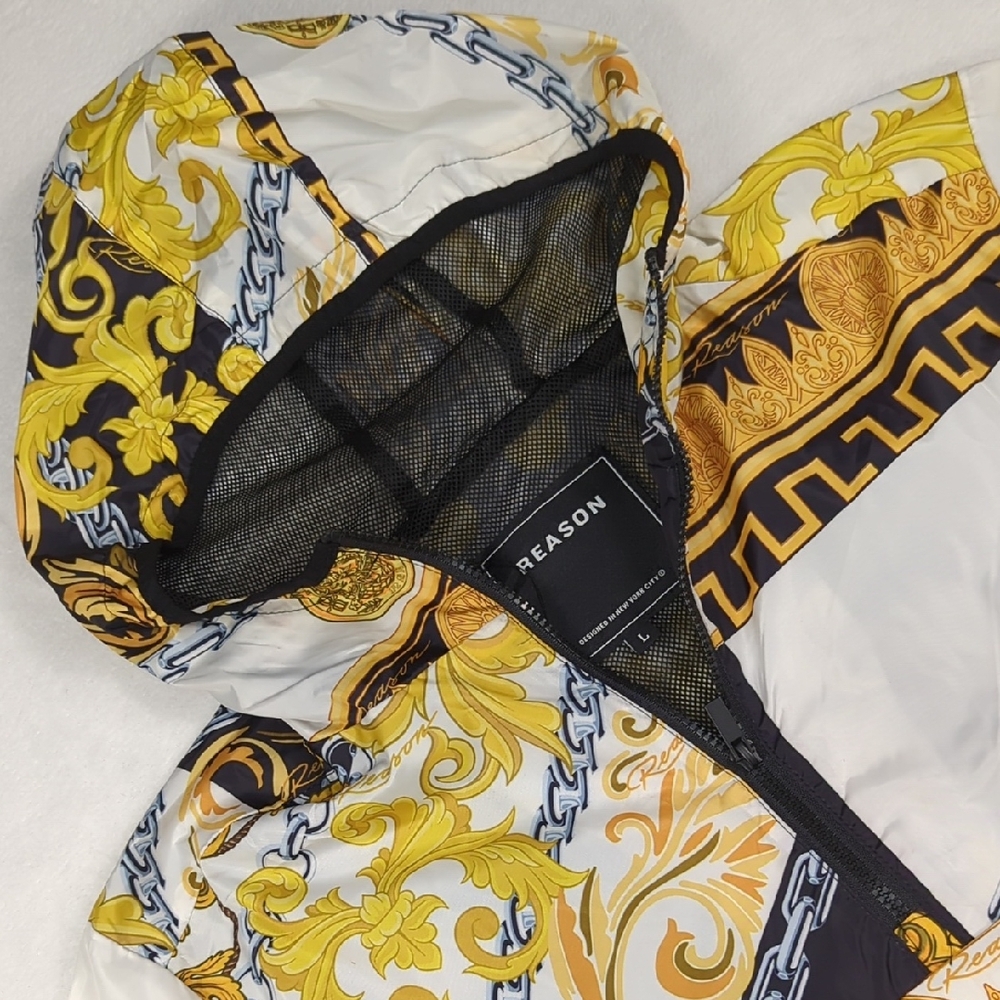 Reason Ornate Gold and Black Hooded Windbreaker Jacket Size Large‎